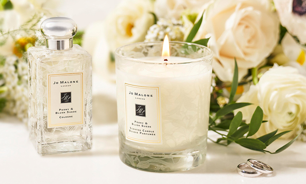 Peony & Blush Suede Lace Design Cologne, £105 for 100ml; Peony & Blush Suede Lace Design Candle, £55 for 200g, Jo Malone London