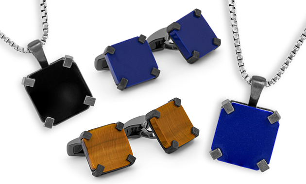 Octo Pendants with onxy and lapis, £215 each; Octo Cufflinks wiith lapis and tiger eye, £379 per pair, Tateossian